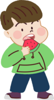Lycklig liten pojke äter vattenmelon. friska diet och näring för glad levande. png