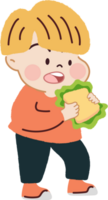 contento pequeño chico comiendo emparedado. sano dieta y nutrición para alegre viviendo. png