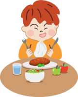 Happy Little Boy Eating Steak. Healthy Diet and Nutrition for Joyful Living. png