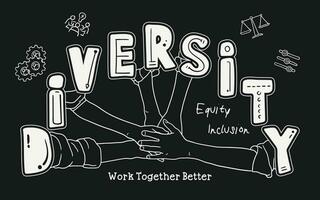 A group of people holding hands in front of a sign that says DIVERSITY. Black and white vector art