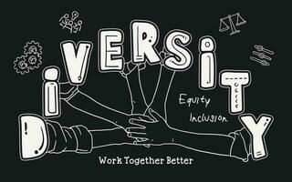 A group of people holding hands in front of a sign that says DIVERSITY. Black and white vector art