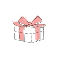 Gift box with red ribbon drawn in one continuous line. One line drawing, minimalism. Vector illustration.