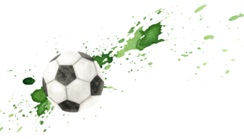 Soccer ball with watercolor splashes. Football ball. Watercolor hand drawn illustration. Sports equipment. Isolated. For football club, sporting goods stores, poster and postcard design png