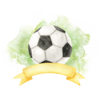 Soccer ball with Banner and green splashes. Football emblem. Attributes of sports competitions. Watercolor illustration. Isolated. For football club, sporting goods stores, poster and postcard design png
