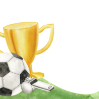 Soccer ball, golden cup, whistle with watercolor background. Football ball. Watercolor frame. Template. Isolated. For football club, sporting goods stores, poster and postcard design png
