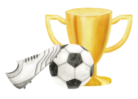 Golden Cup with Soccer ball and Football boots. Football match. Champion golden trophy. Prize cup for winner, first place, victory. Attributes of sports competitions.Watercolor illustration. Isolated. png