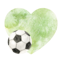 Soccer ball and green watercolor heart. Football emblem. Attributes of sports competitions. Watercolor illustration. Isolated. For football club, sporting goods stores, poster and postcard design png