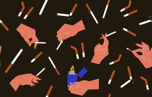 Seamless pattern with hands holding cigarettes. The hand is holding a cigarette. Vector background with cigarettes. No smoking.