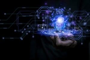 Businessman holding a light bulb,Global Internet connection. Business global internet connection application technology and digital marketing, Financial and banking, Digital link tech, big data. photo