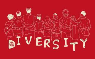 Group of people from different races embrace each other, with the inscription diversity on red background vector