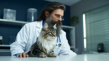 A veterinarian in a clinic looking at a cat photo