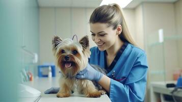 A veterinarian in a clinic looking at a dog photo