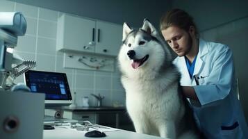 A veterinarian in a clinic looking at a dog photo