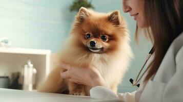 A veterinarian in a clinic looking at a dog photo