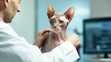 un veterinario en un clínica mirando a un gato foto