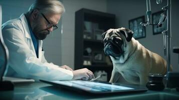 A veterinarian in a clinic looking at a dog photo