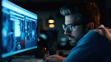 Programmer looking at monitor with smart eyes photo