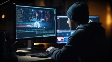 Programmer looking at monitor with smart eyes photo