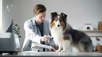 A veterinarian in a clinic looking at a dog photo