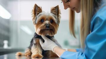 A veterinarian in a clinic looking at a dog photo