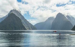 The scenery view of Milford Sound, New Zealand's most spectacular natural attraction in south island of New Zealand. photo