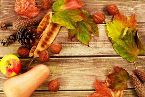 collection beautiful colorful autumn leaves , apple, walnuts, pineapple and pumpkin on wooden background. photo