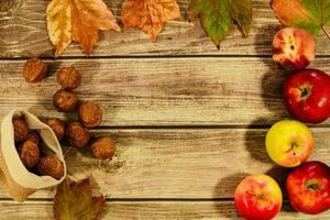 collection beautiful colorful autumn leaves, walnuts and apples on wooden background. photo
