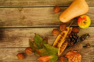 colección hermosa vistoso otoño hojas , manzana, nueces, piña y calabaza en de madera antecedentes. foto