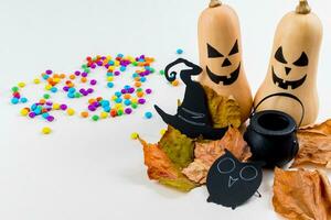 Halloween, pumpkins, owl silhouettes, colored sprinkles, cauldron, witch hat, on white background. Selective focus. photo