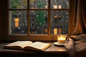 Coffee mug, book near window in autumn. Generative AI photo