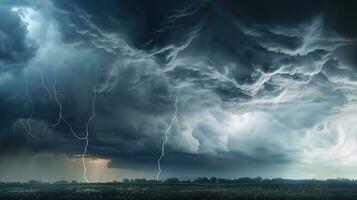 Stormy clouds in the sky and lightning strikes. Generative AI photo