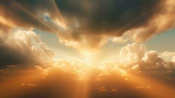 Sun rays between clouds. Generative AI photo