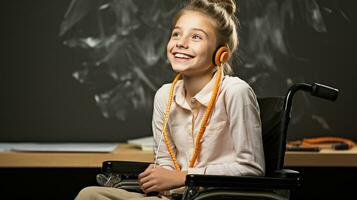 Young student in wheelchair at classroom. Generative AI photo