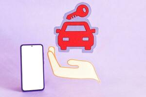 alquilar un coche signo. llave con coche. concepto para automóvil reparar servicio, de repuesto partes almacenar. foto
