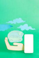 Green electric car paper cut eco friendly concept. photo