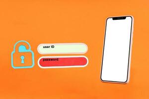 User name and password for logging in on the mobile phone screen, cyber security concept. Data protection and secure internet access, cyber security on smart phones. photo