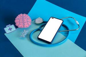 The medicine panel and smart phone on blue background. photo