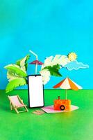 Tropical vacation and travel season banner. Mobile phone with blank screen. photo