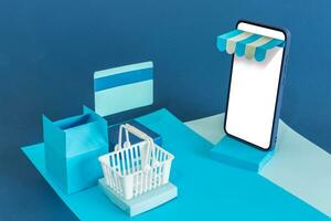 Online Shopping on smart phone, Mobile online store service. Shopping basket and delivery parcel concept. photo