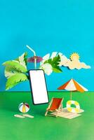 Summer travel season banner. Mobile phone with blank screen. photo