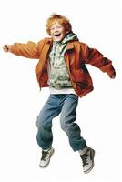 Happy boy jumping isolated on white or transparent background cutout. Generative AI photo