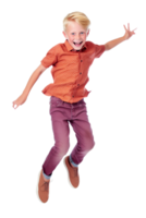 Happy boy jumping isolated on white or transparent background cutout. Generative AI png