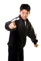 Young asian male pointing with her finger isolated on white or transparent background cutout. Generative AI png