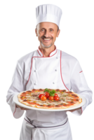 Italiaans chef met pizza geïsoleerd Aan wit of transparant achtergrond uitknippen. generatief ai png