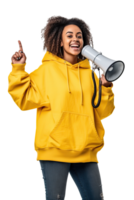 Woman activist using a megaphone isolated on white or transparent background cutout. Generative AI png