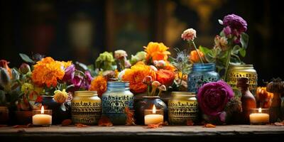 Day of the Dead Altar with candle, food and flowers. Generative AI photo