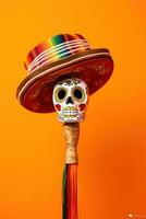 Mexican skull maracas with hat. Generative AI photo