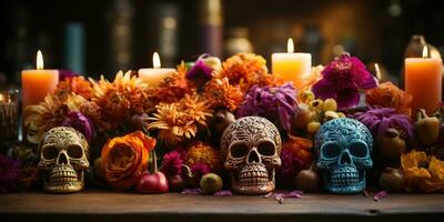 Day of the dead Dia de los muertos shrine banner. Generative AI photo