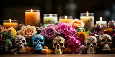 Day of the Dead Altar with candle, food and flowers. Generative AI photo