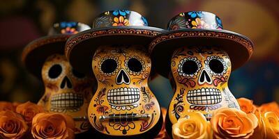 Skulls with hats, Day of the Dead concept. Generative AI photo